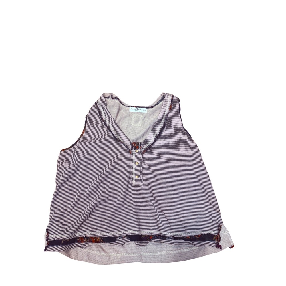 Natural Life XL Purple Striped Henley Tank Top Raw Hem Floral Trim Boho Top